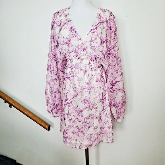 Women's Balloon Long Sleeve Mini Dress A New Day  Cream Purple Floral  XL - Picture 1 of 8